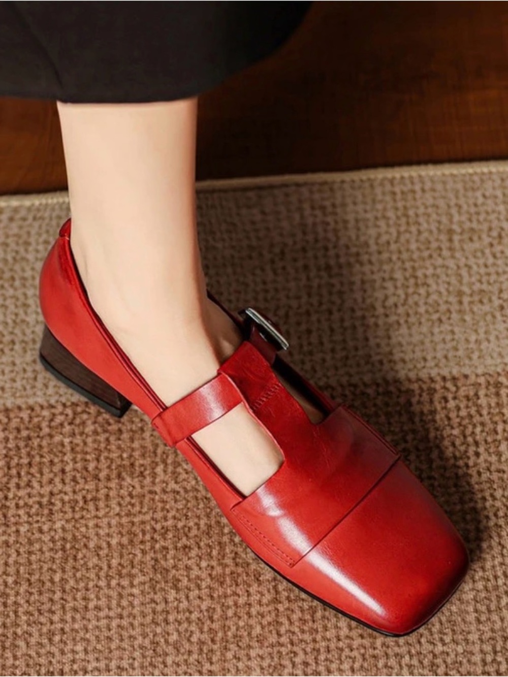Hand Stitched Leather Women’s Red Mary Jane Buckle Low Heel Shoes - Picture 5 of 7